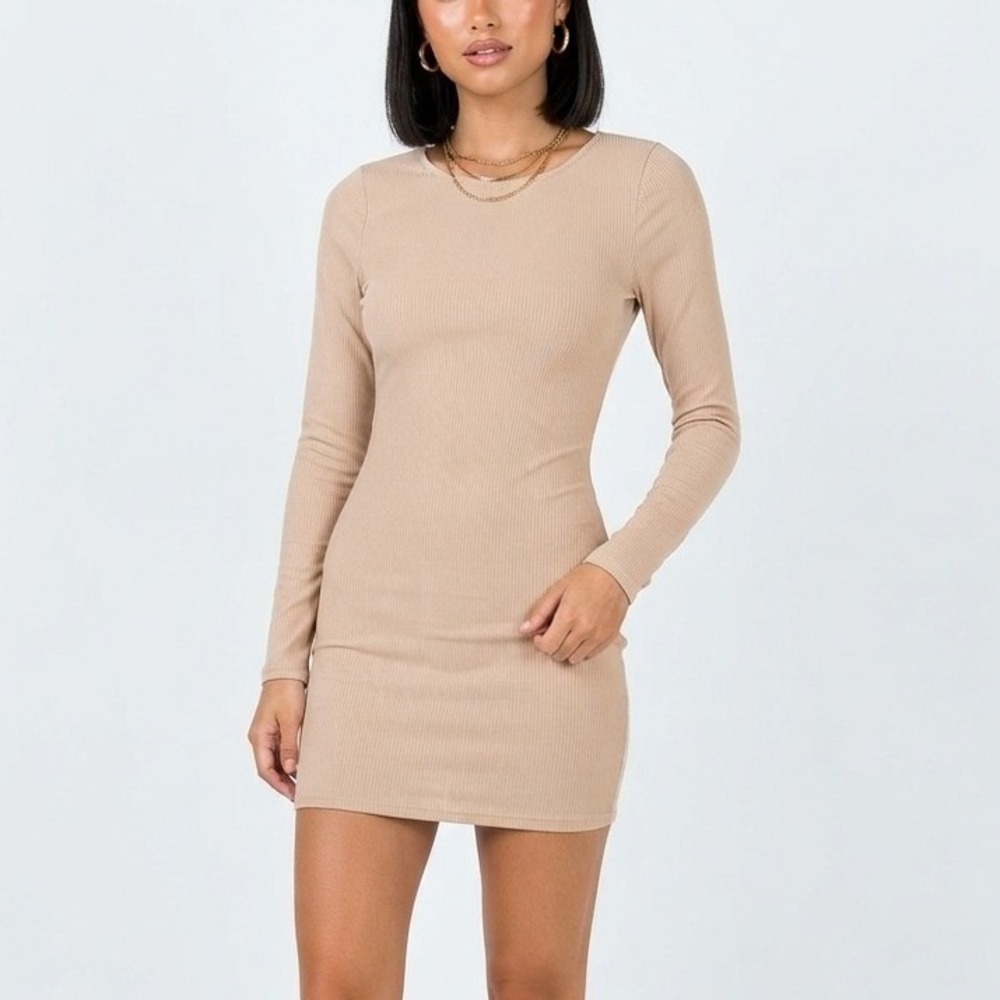 Princess Polly Ribbed Bodycon Mini Dress Long Sleeve Knit Neutral Tan Size 4